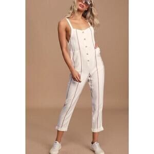 O'Neill XL Jumpsuit Pacey White Striped Button Front Sleeveless White Brown Boho